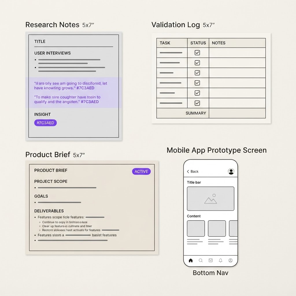 Research notes, validation log, product brief and prototype screen
