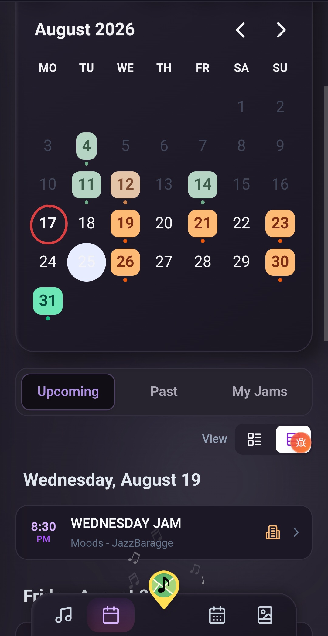 JamNow calendar view showing upcoming jams in August 2026
