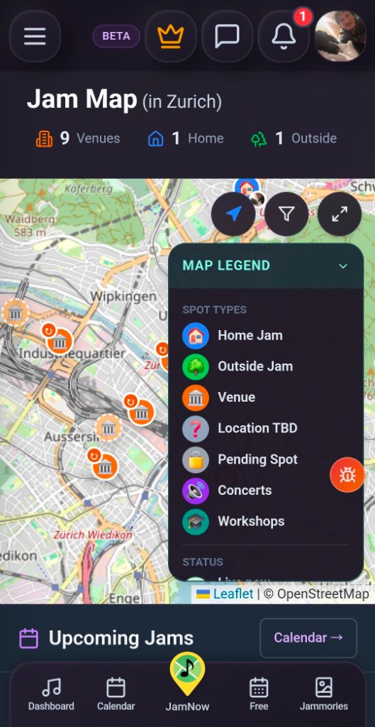 JamNow Jam Map showing venues and jams in Zurich