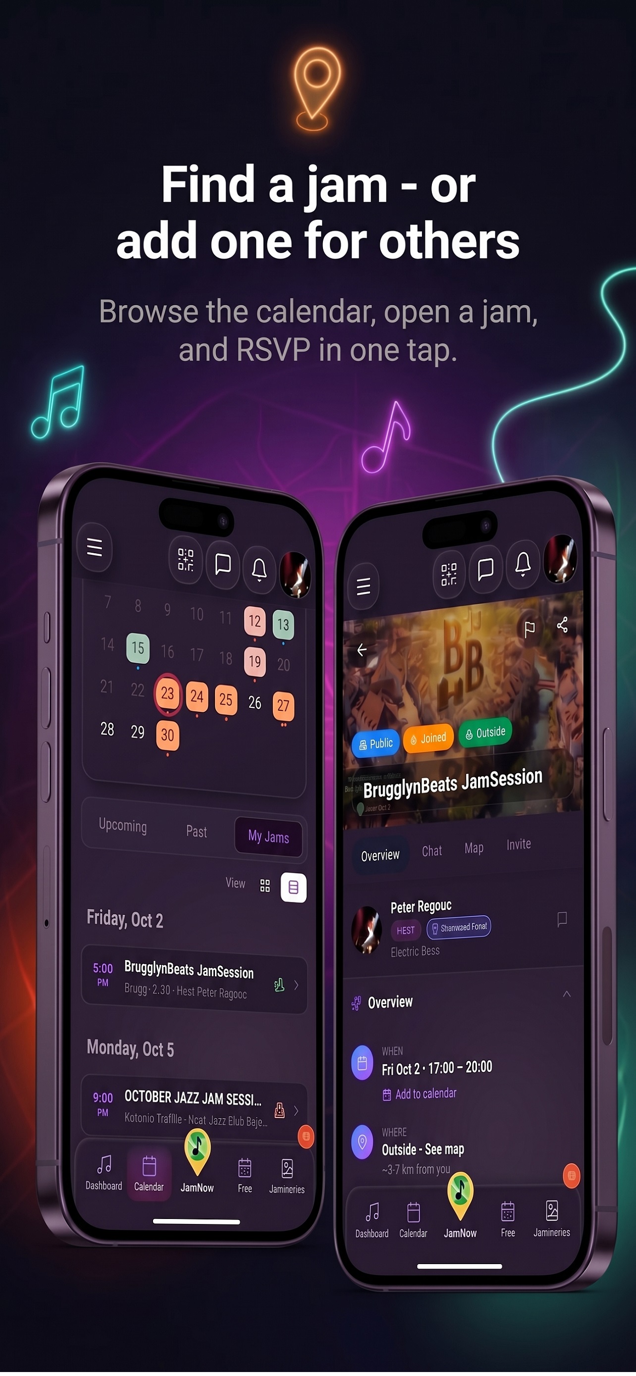 Find a jam or add one for others with the JamNow calendar