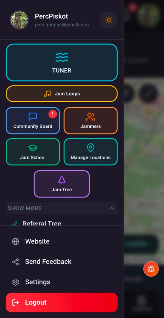 JamNow app navigation menu with tuner, jam loops, community board and more