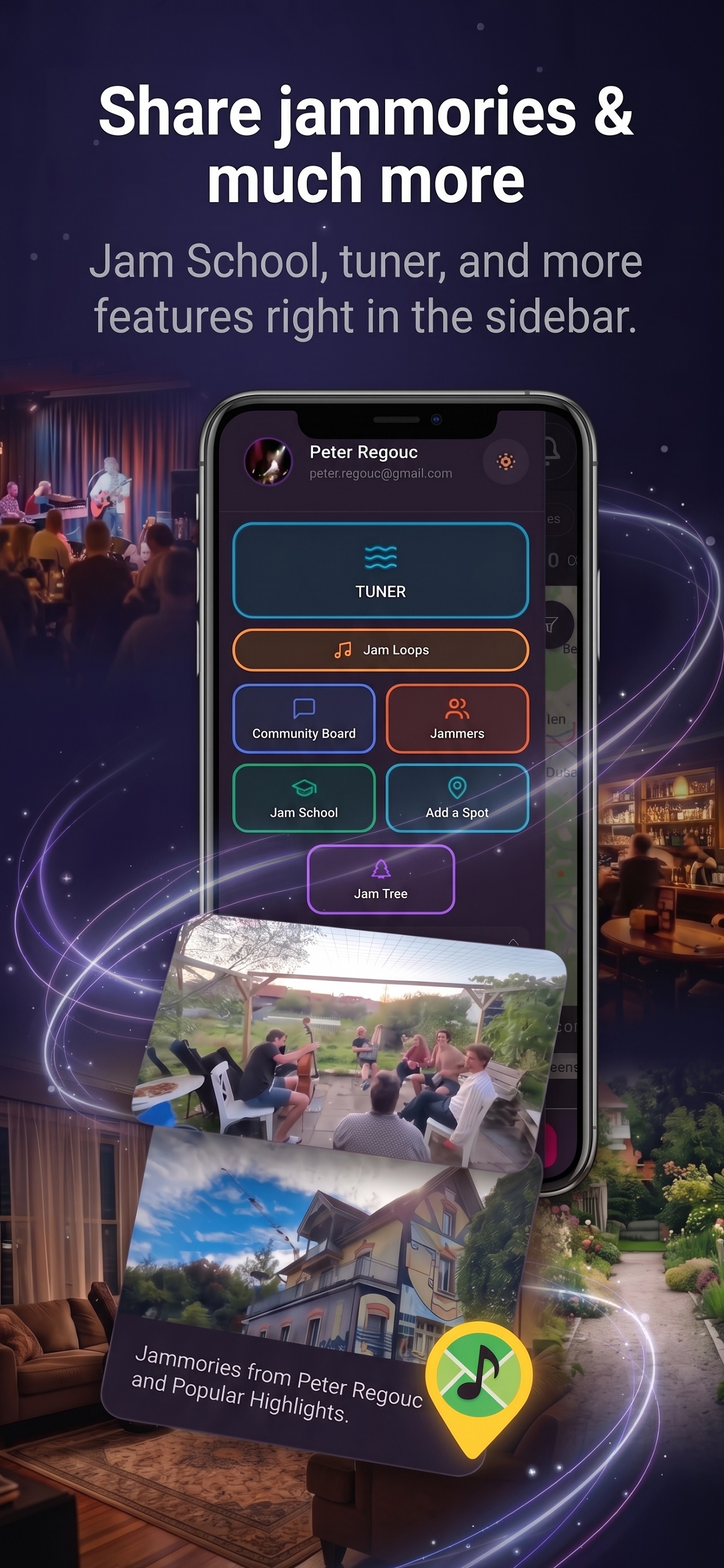 Share jammories, Jam School, tuner and more in the sidebar