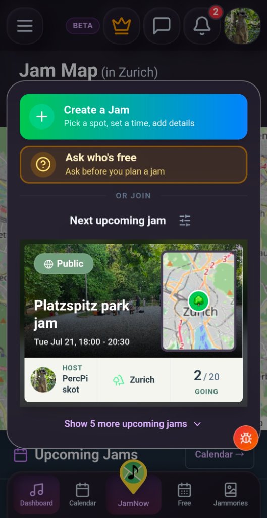 JamNow Jam Map with Create a Jam and Ask who's free options in Zurich