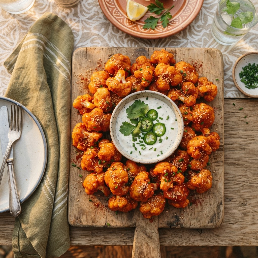 Crispy Buffalo Cauliflower Bites with Sour Cream Jalapeño Dip