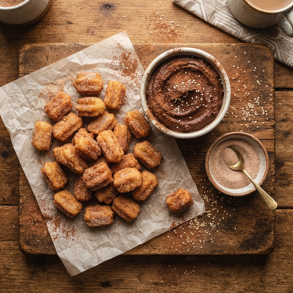 Brown Sugar Churro Bites with Chocolate Hummus Dip