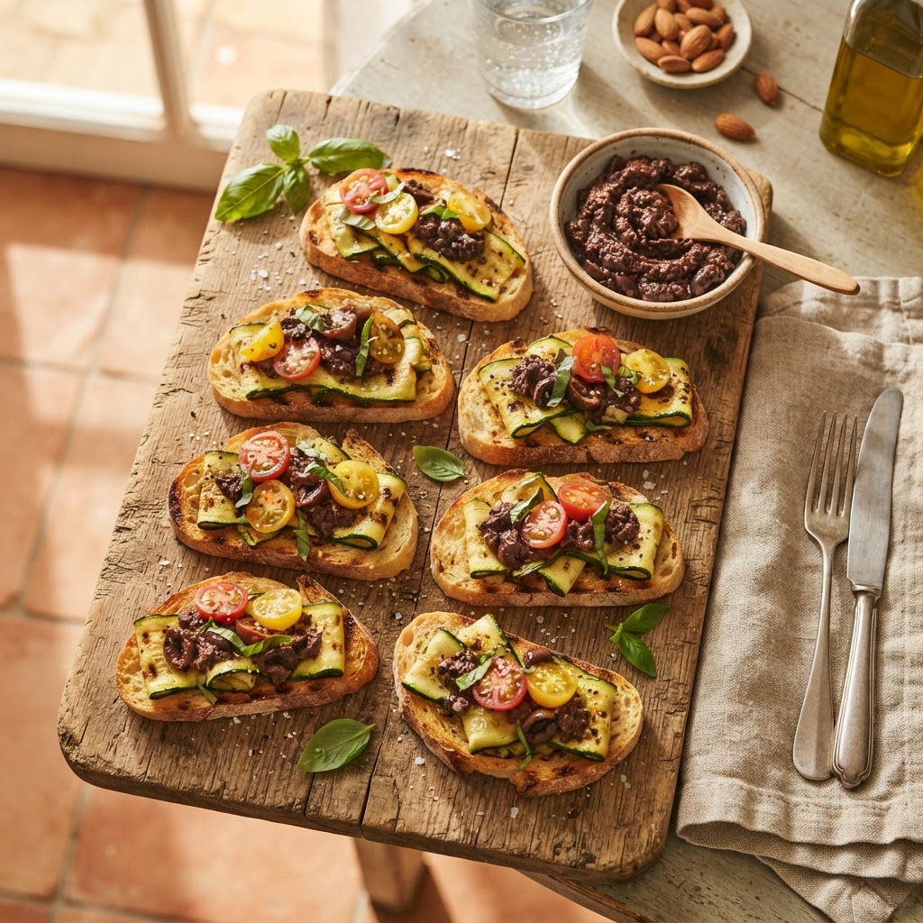Herb-Marinated Grilled Zucchini Bruschetta with Black Olive Tapenade Dip