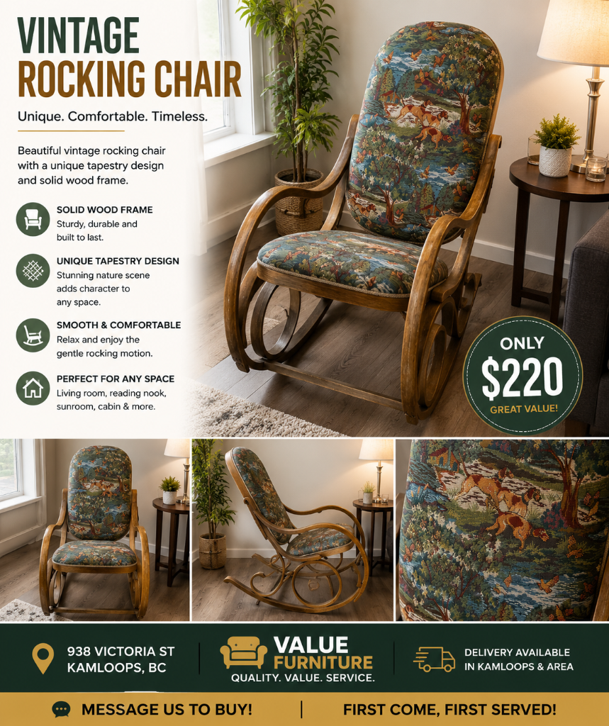 Vintage Wooden Rocking Chair – Unique Tapestry Design