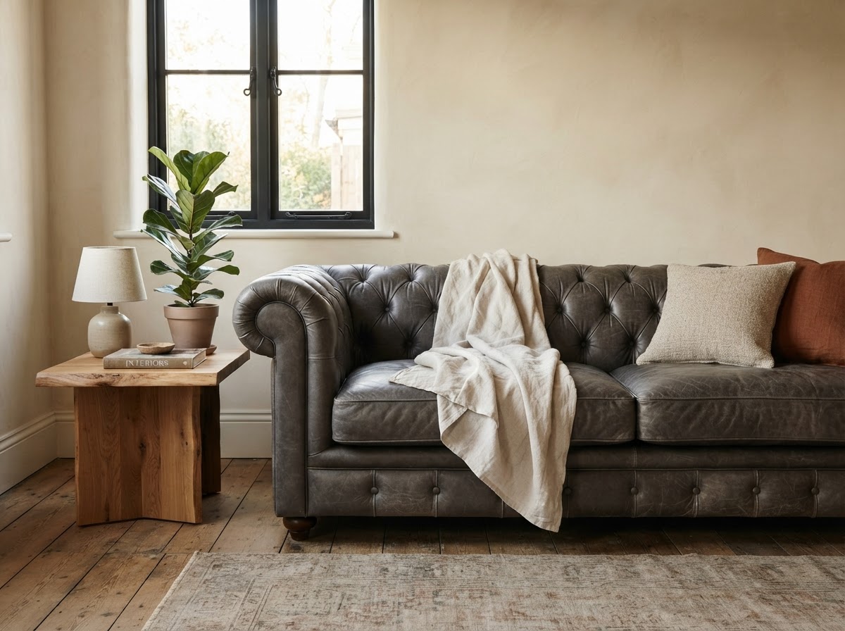 Charcoal grey tufted leather Chesterfield sofa in a warm living room