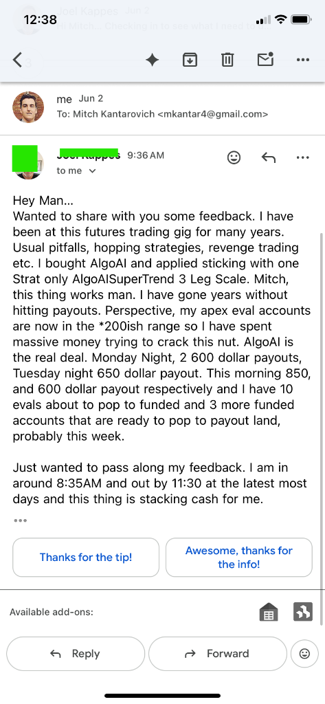 Email review from Joel — AlgoAI client with multiple prop firm payouts