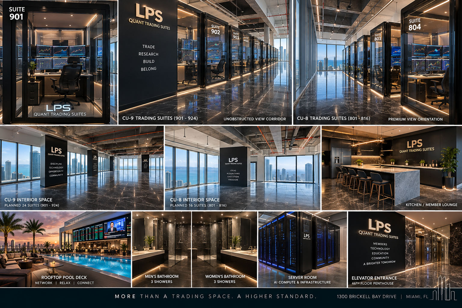 LPS Quant Trading Suites — Brickell penthouse, rooftop pool, AI compute and member lounge