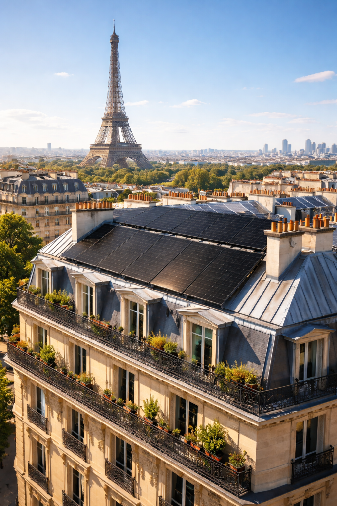 Première installation de panneaux photovoltaïques sur un immeuble haussmannien à Paris face à la Tour Eiffel par Reno Plus