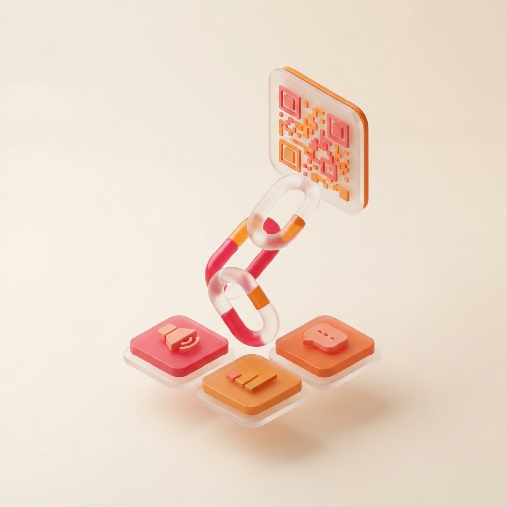 Ilustración de un enlace conectado a anuncios y un código QR