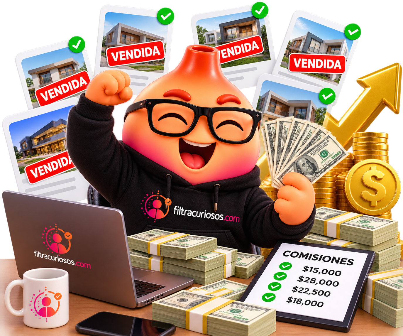 Fil celebrando ventas y comisiones con Filtracuriosos