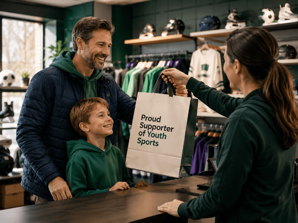 A parent and child receiving drinks from a local business owner