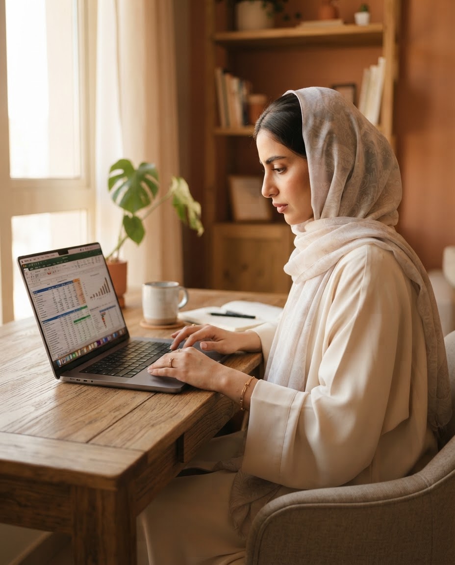 A woman studying at her laptop in warm daylight