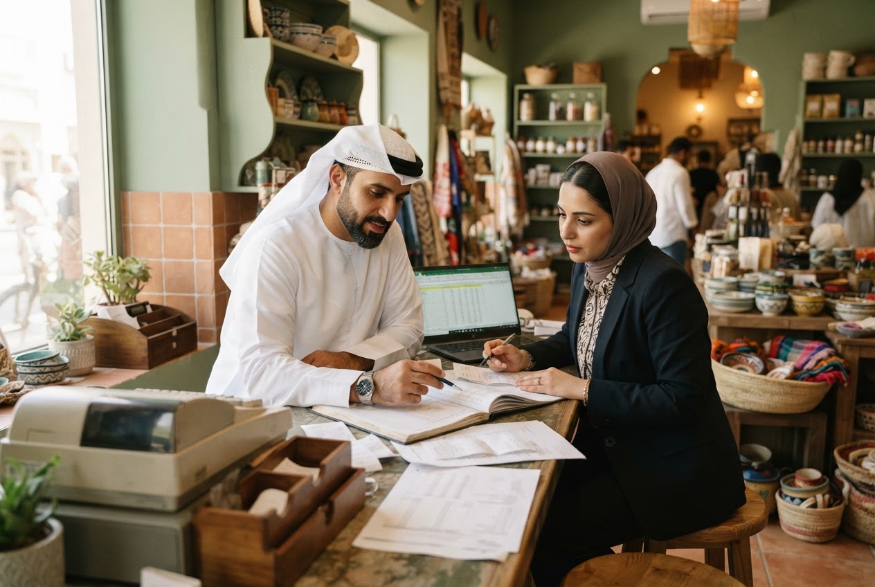 Owner and accountant reviewing documents