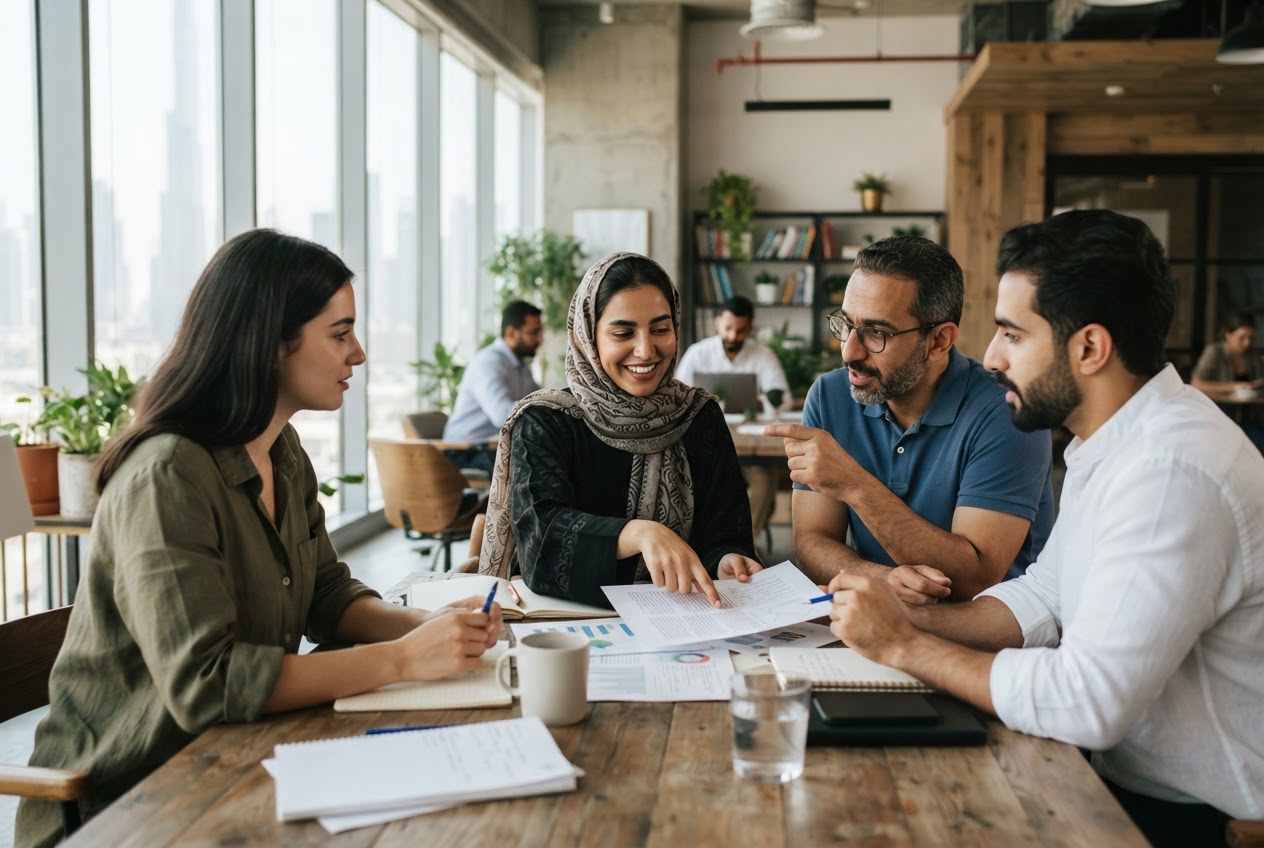 A small business team discussing documents around a table