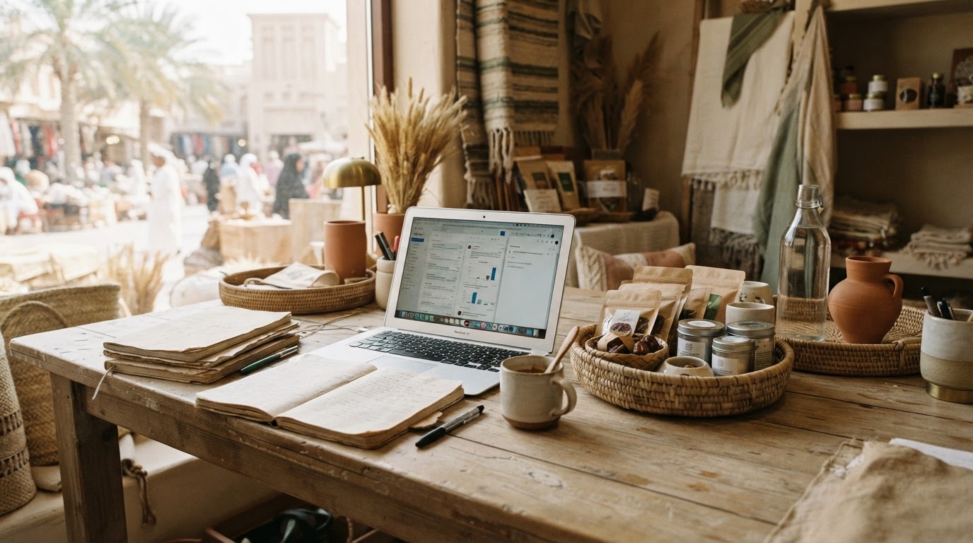 Warm marketplace desk with notebooks, goods and laptop