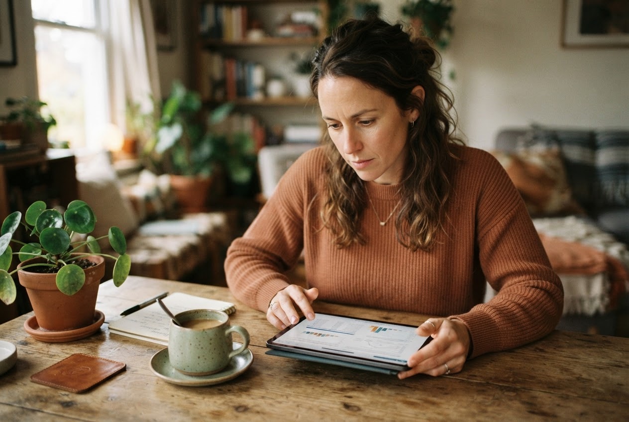 Focused person reviewing work on a tablet
