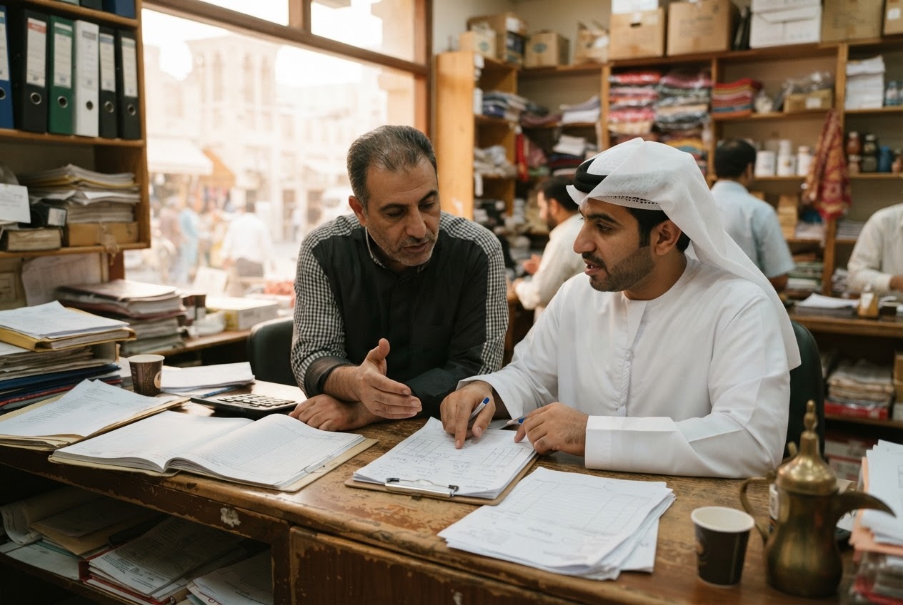 Two colleagues reviewing invoices together