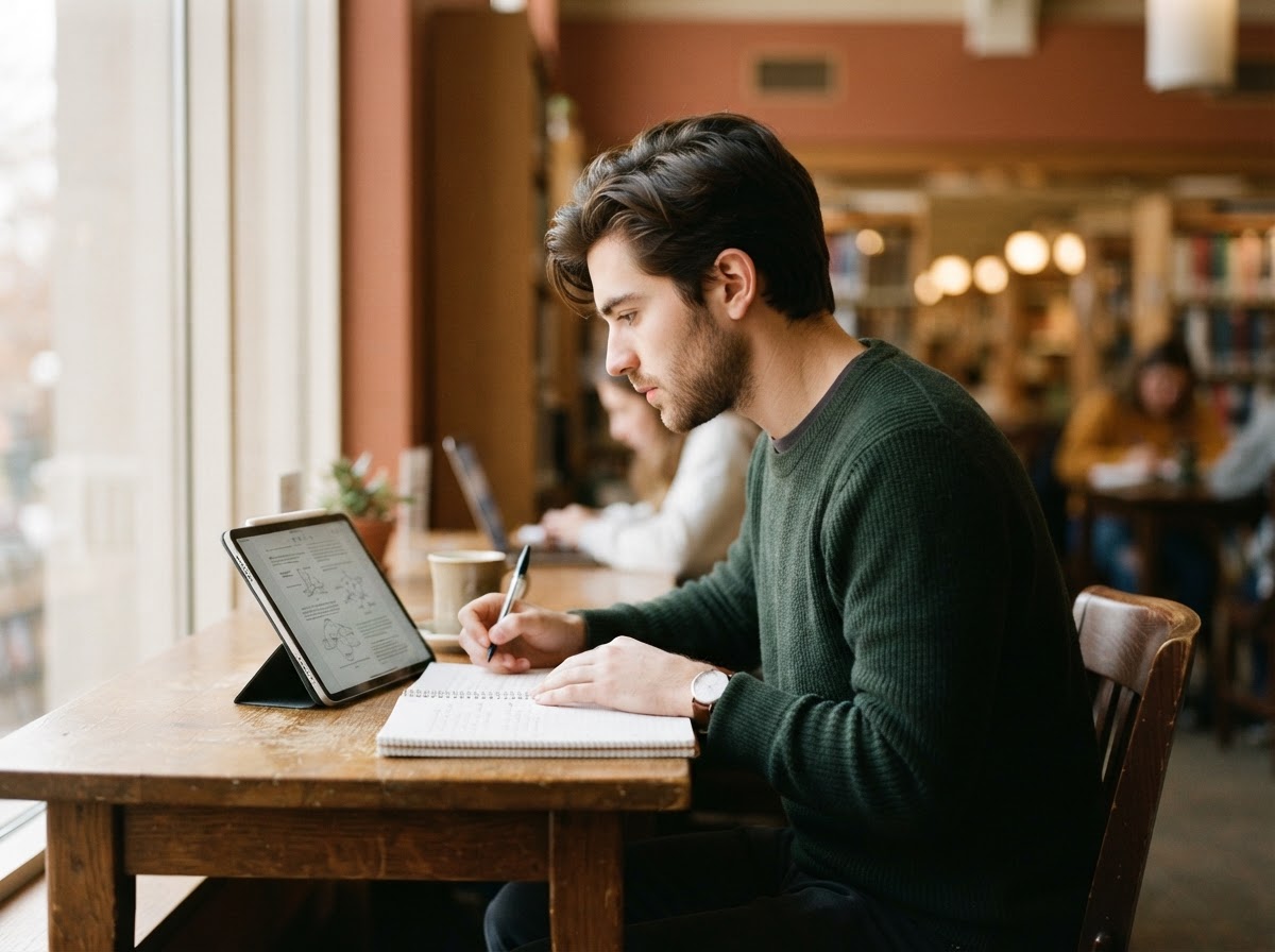 A student reading course material in a library