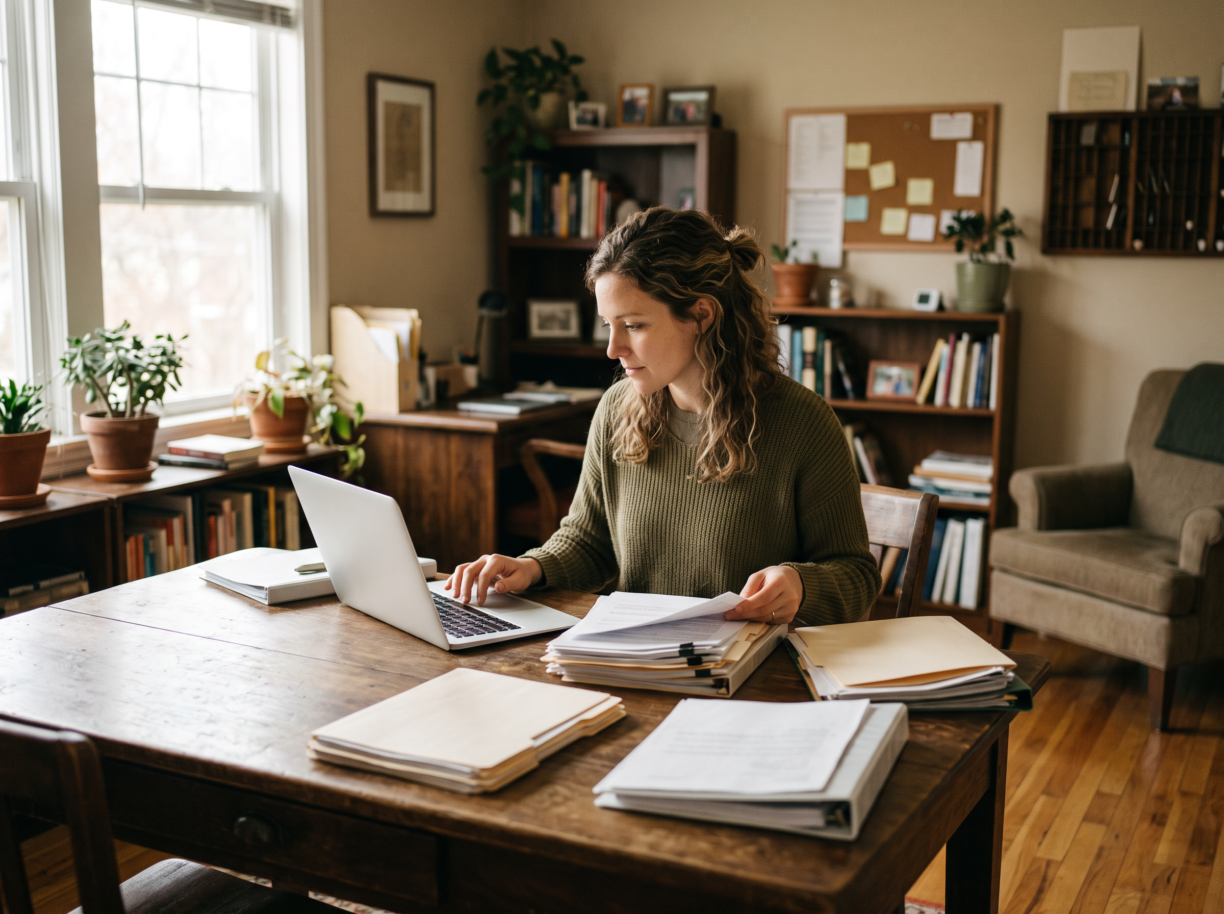 A founder reviewing spreadsheet templates at a warm wooden desk