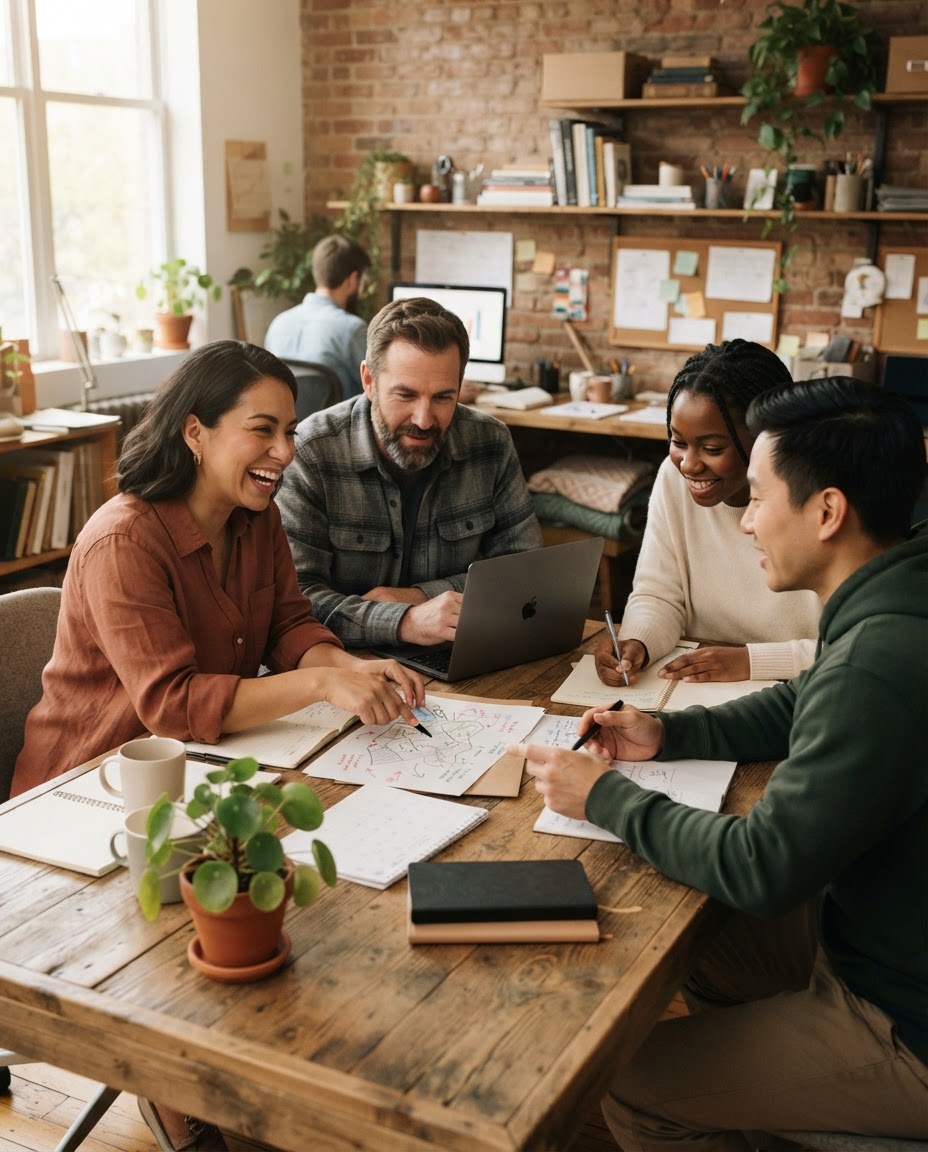 Small business team planning at a shared desk