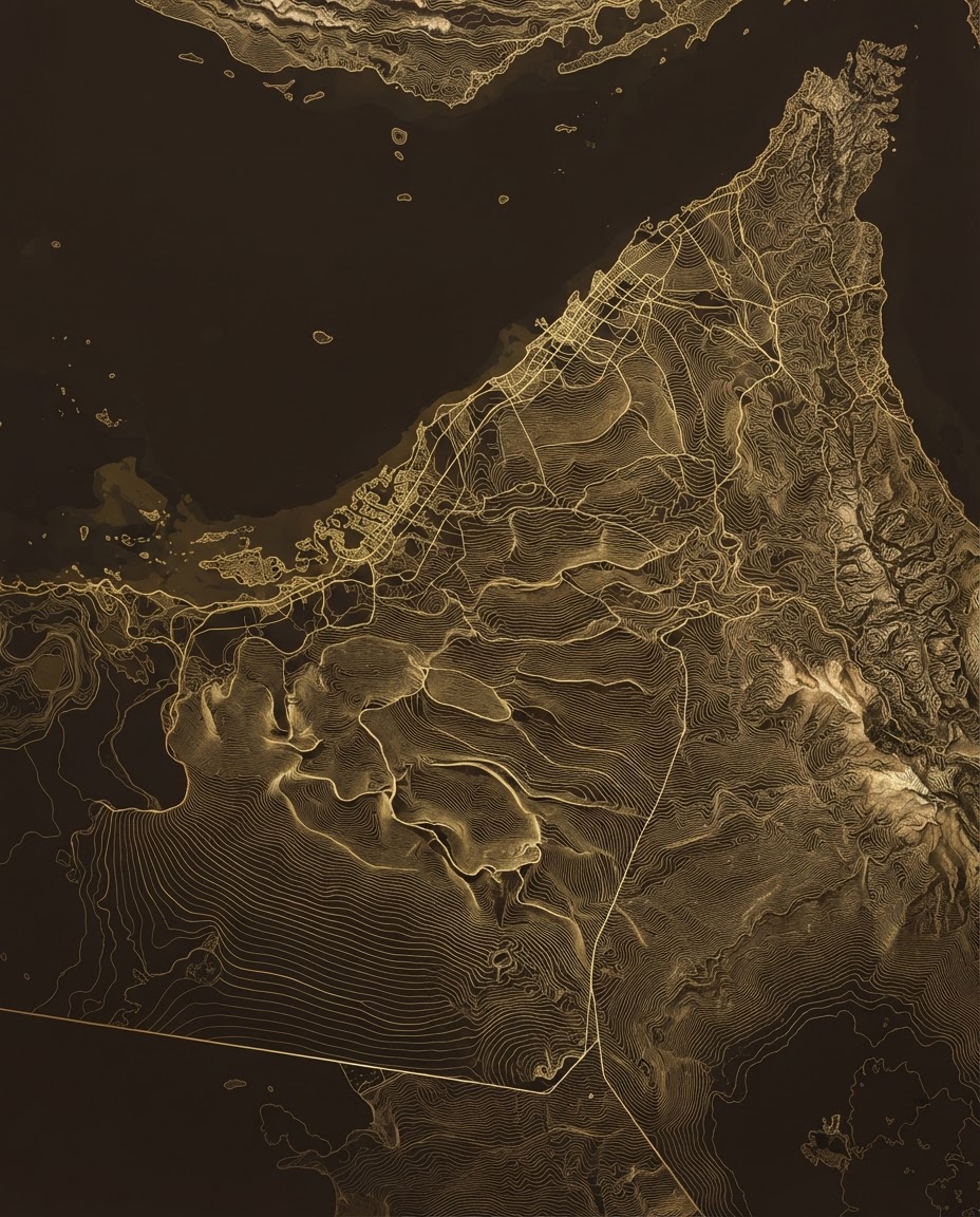 Abstract gold contour map of UAE terrain