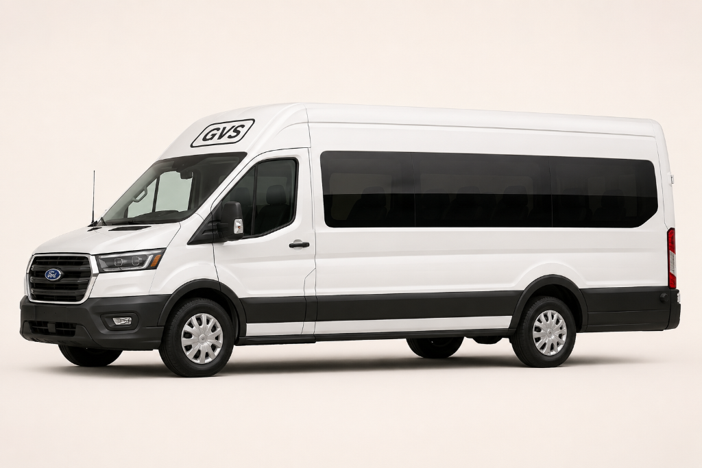 White Ford Transit high-top passenger van, isolated on warm-paper studio backdrop, GVS bulkhead mark above windshield.