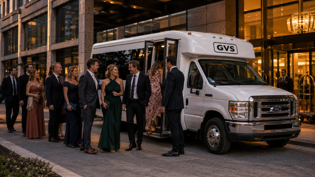 Wedding guests in formalwear boarding a white Ford E-350 VIP shuttle at the porte-cochère of an upscale downtown Pittsburgh hotel, golden-blue hour.