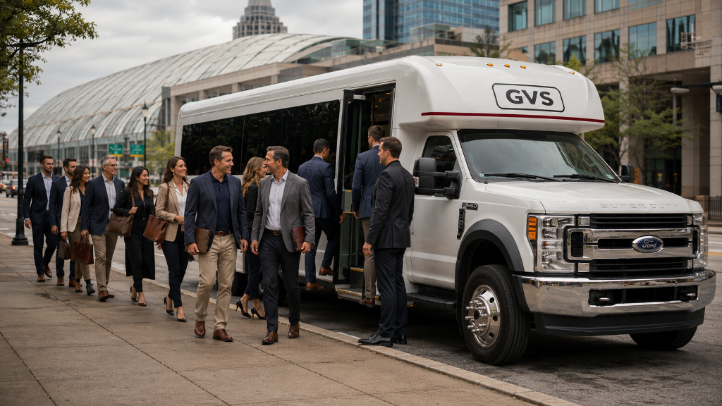 White Ford F-550 shuttle bus at a downtown Pittsburgh convention center area, conference attendees in business attire boarding in orderly single-file.