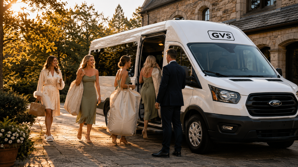 Bridesmaids in dusty-sage dresses loading into a white Ford Transit VIP shuttle at a Pittsburgh estate driveway, bride in ivory robe at the back of the line, soft golden morning light.