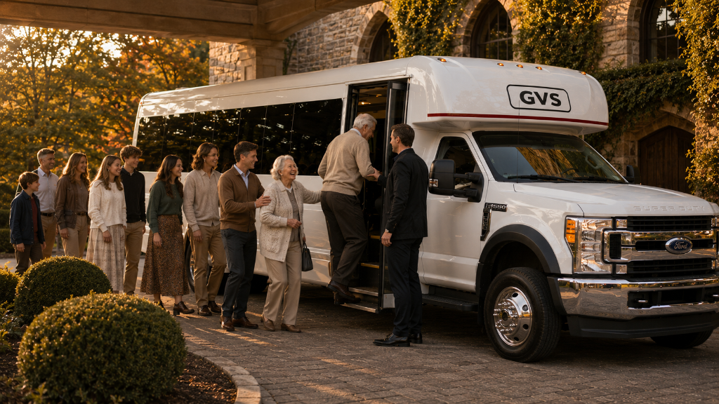 White Ford F-550 shuttle at a Pittsburgh family-event venue, multi-generational family group boarding, chauffeur helping grandfather up the step, warm golden-hour light.