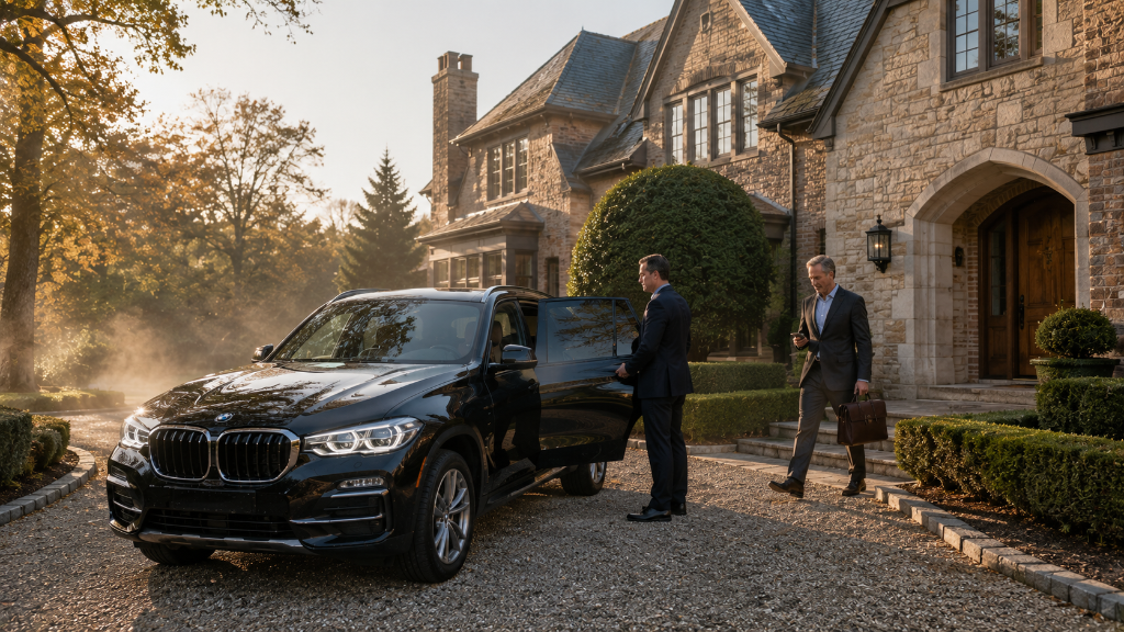 Black BMW X5 SUV in the curved driveway of a Sewickley estate, executive in charcoal suit walking from front door, soft morning mist and warm light through autumn trees.