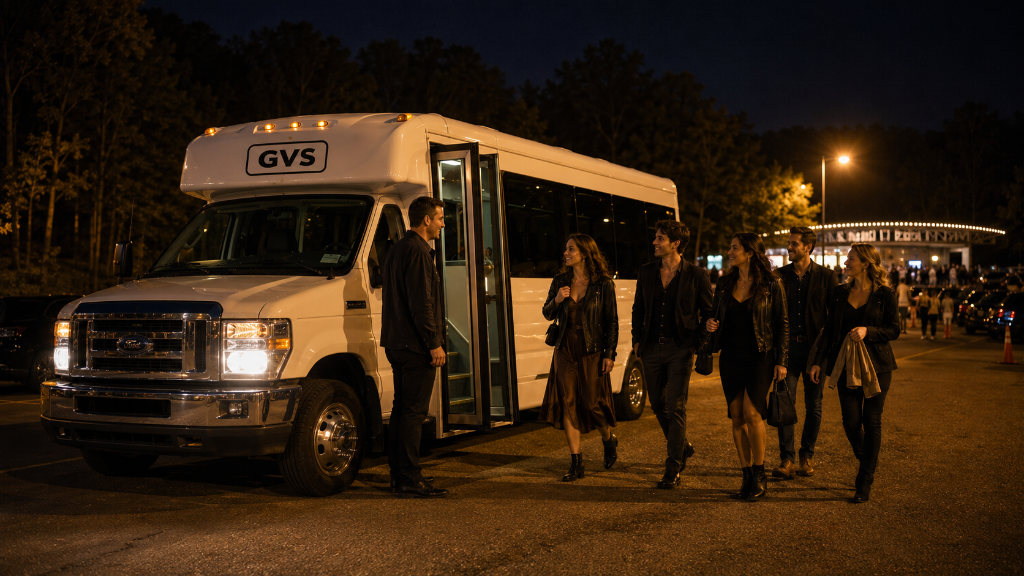 White Ford E-350 VIP shuttle in the charter pickup lane at Pavilion at Star Lake amphitheater, group walking from venue exit, warm amber pole lights.