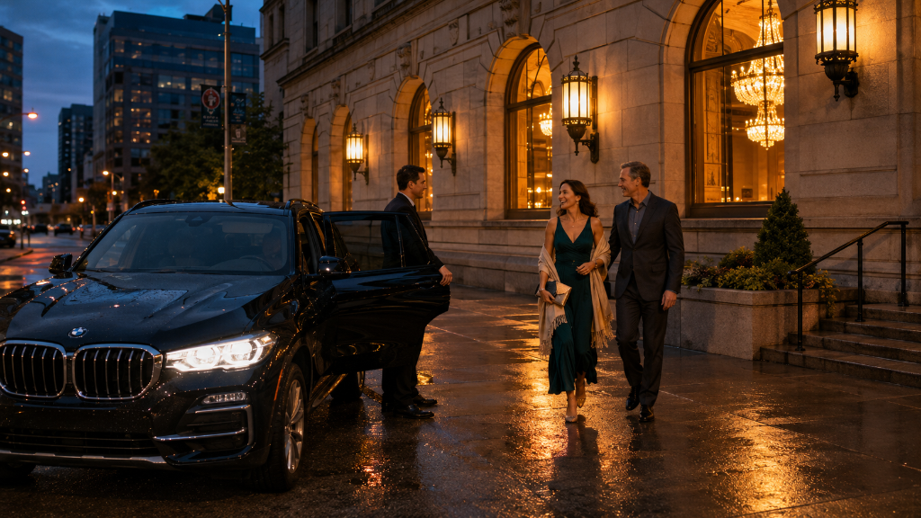 Black BMW X5 SUV at a downtown Pittsburgh Cultural District venue at blue hour, executive client stepping toward open passenger door, warm amber building light.