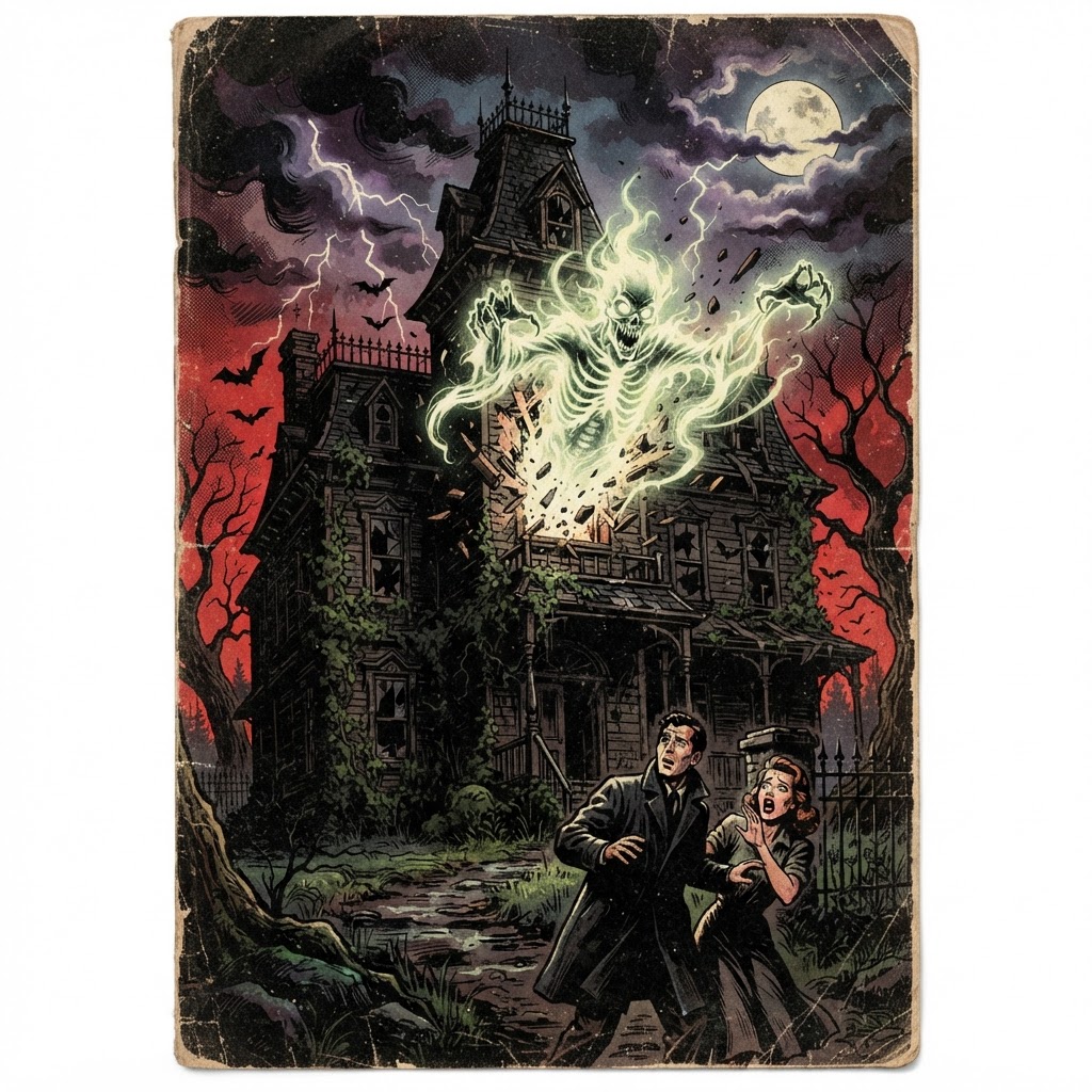 Retro Pulp Comic render of a ghost topic
