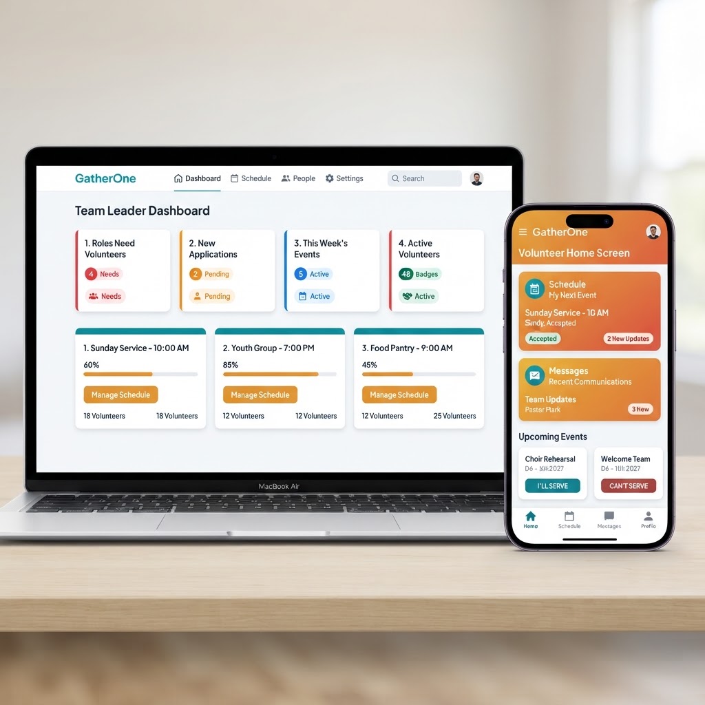 GatherOne showing schedule coverage, volunteer wellbeing, and open roles