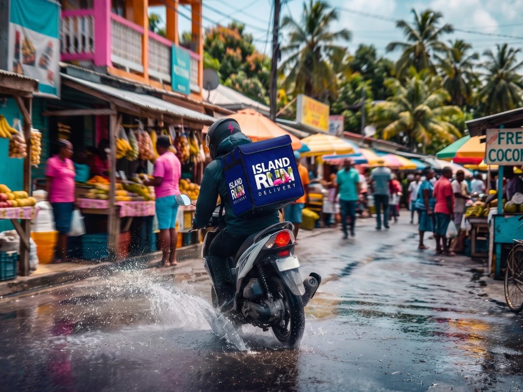 Island Run rider delivering through a Jamaican market