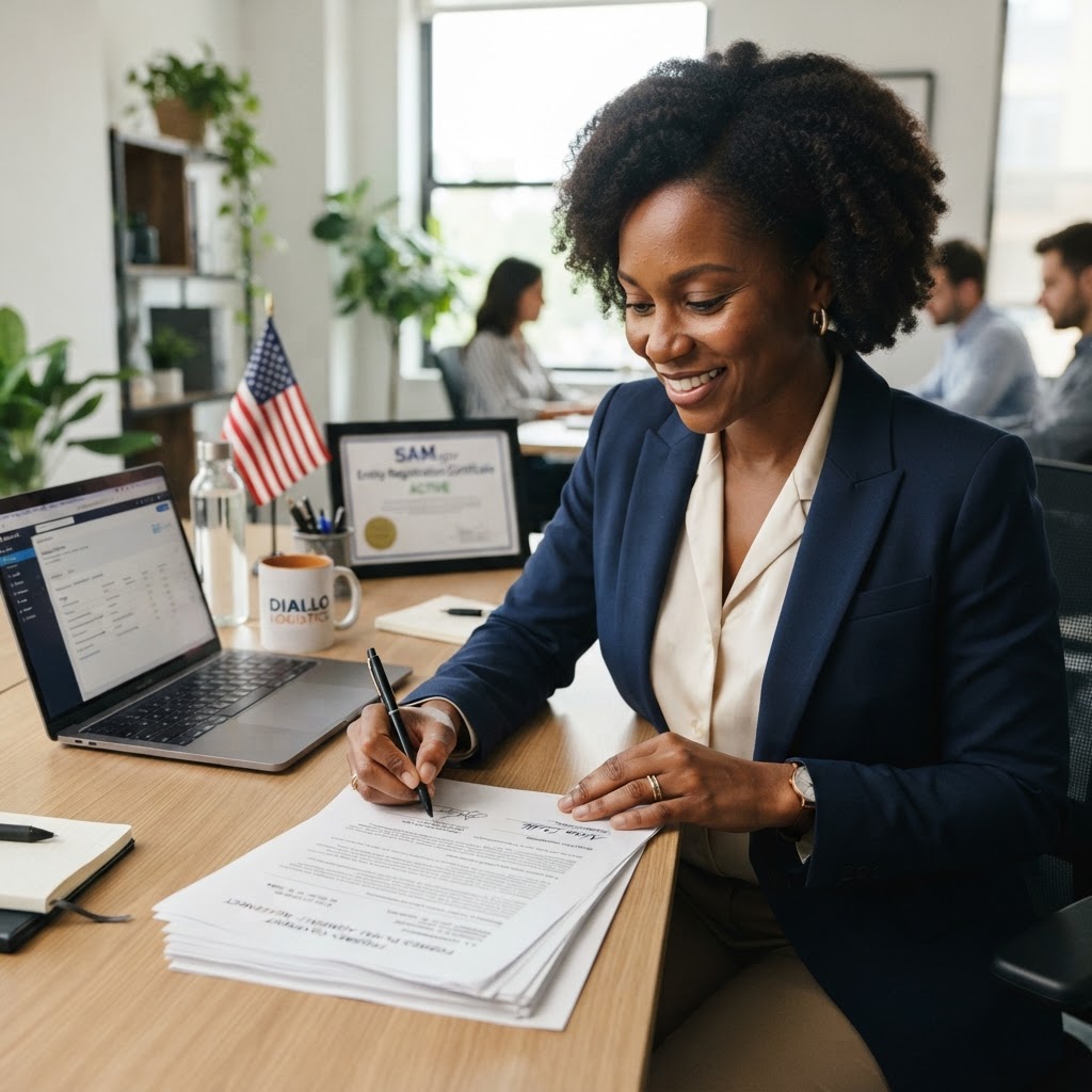 A Black woman small-business owner reviewing and signing a federal contract