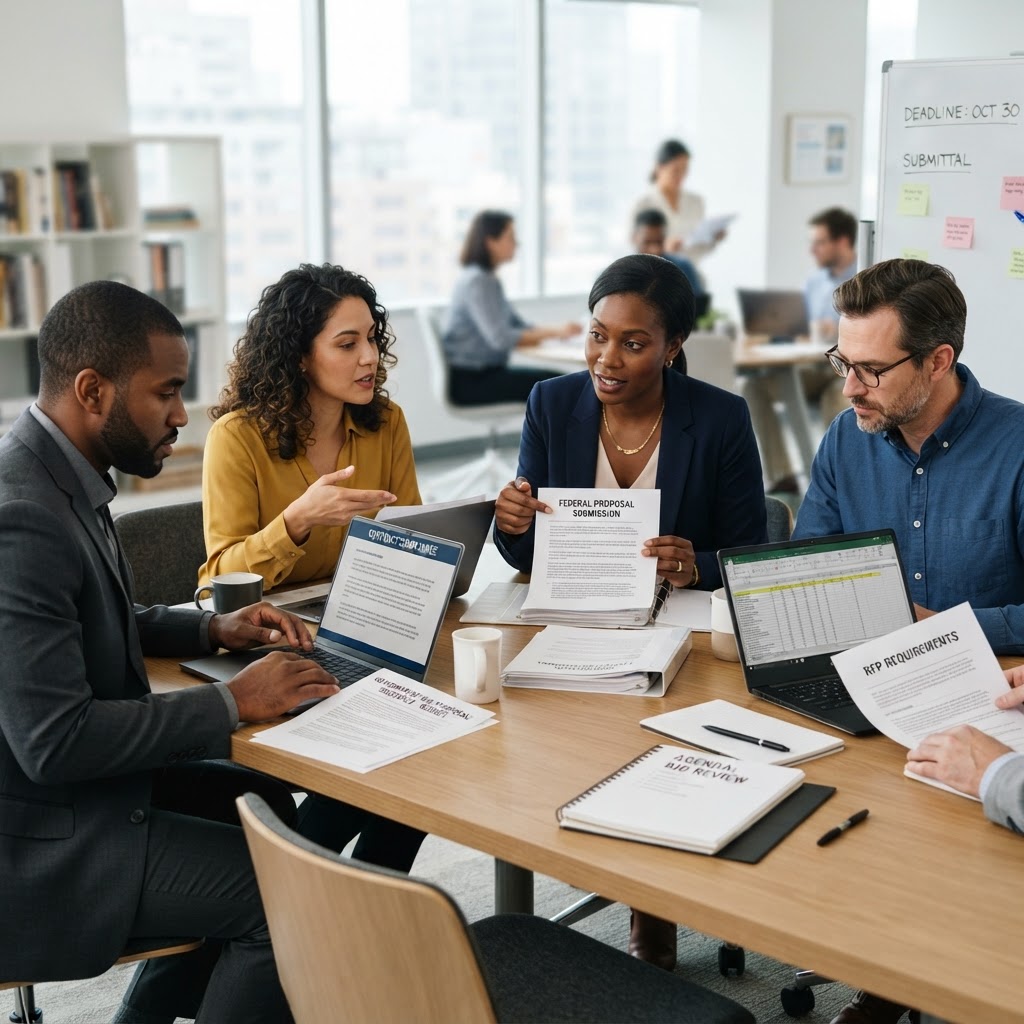 A diverse group of small-business owners collaborating on a government bid proposal