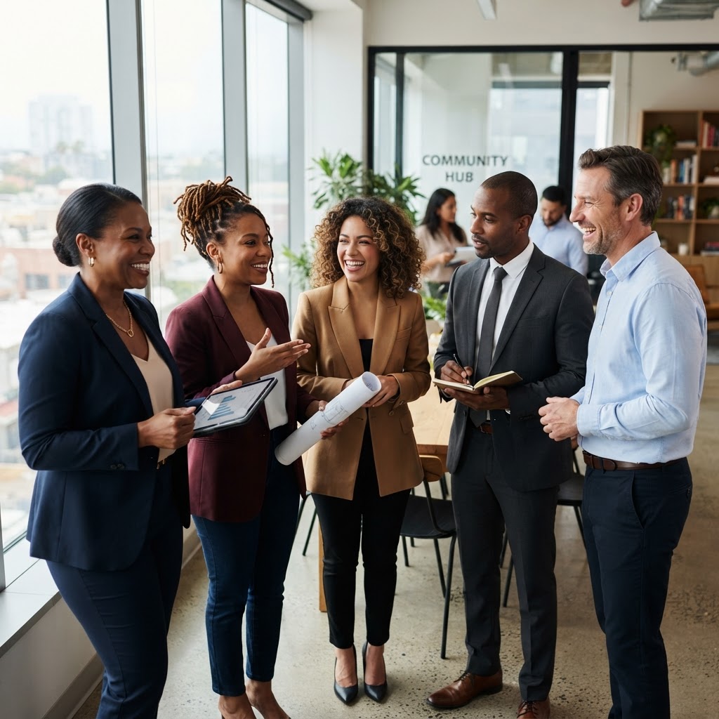 Diverse small-business owners and contractors collaborating in a modern office
