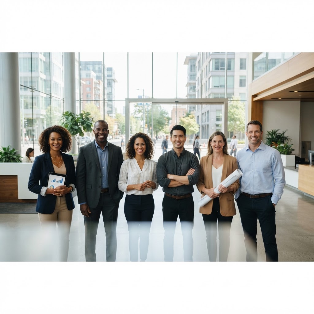 A diverse team of small-business government contractors standing confidently together