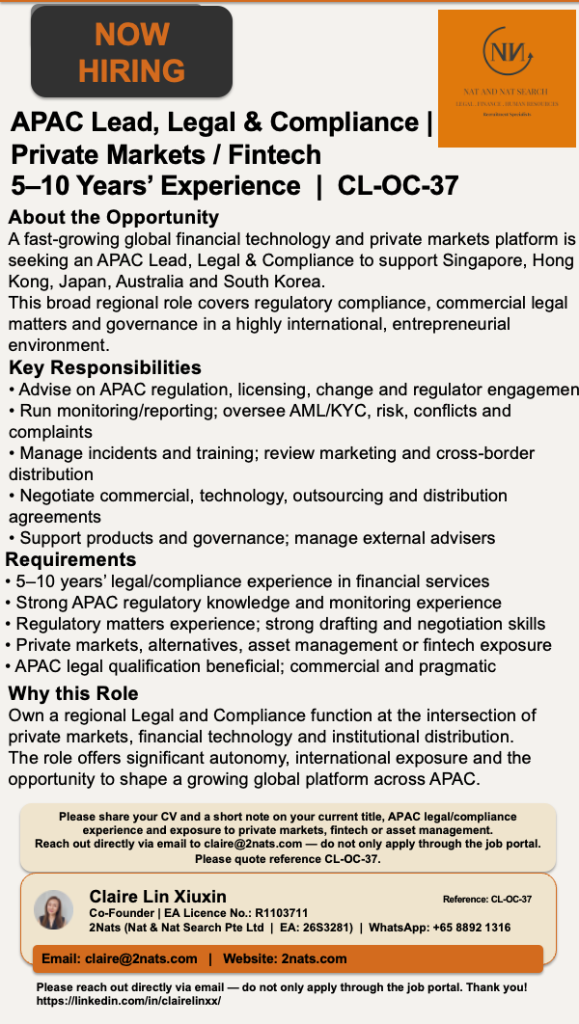 APAC Lead, Legal & Compliance | Private Markets / Fintech | 5–10 Years' Experience (CL-OC-37)