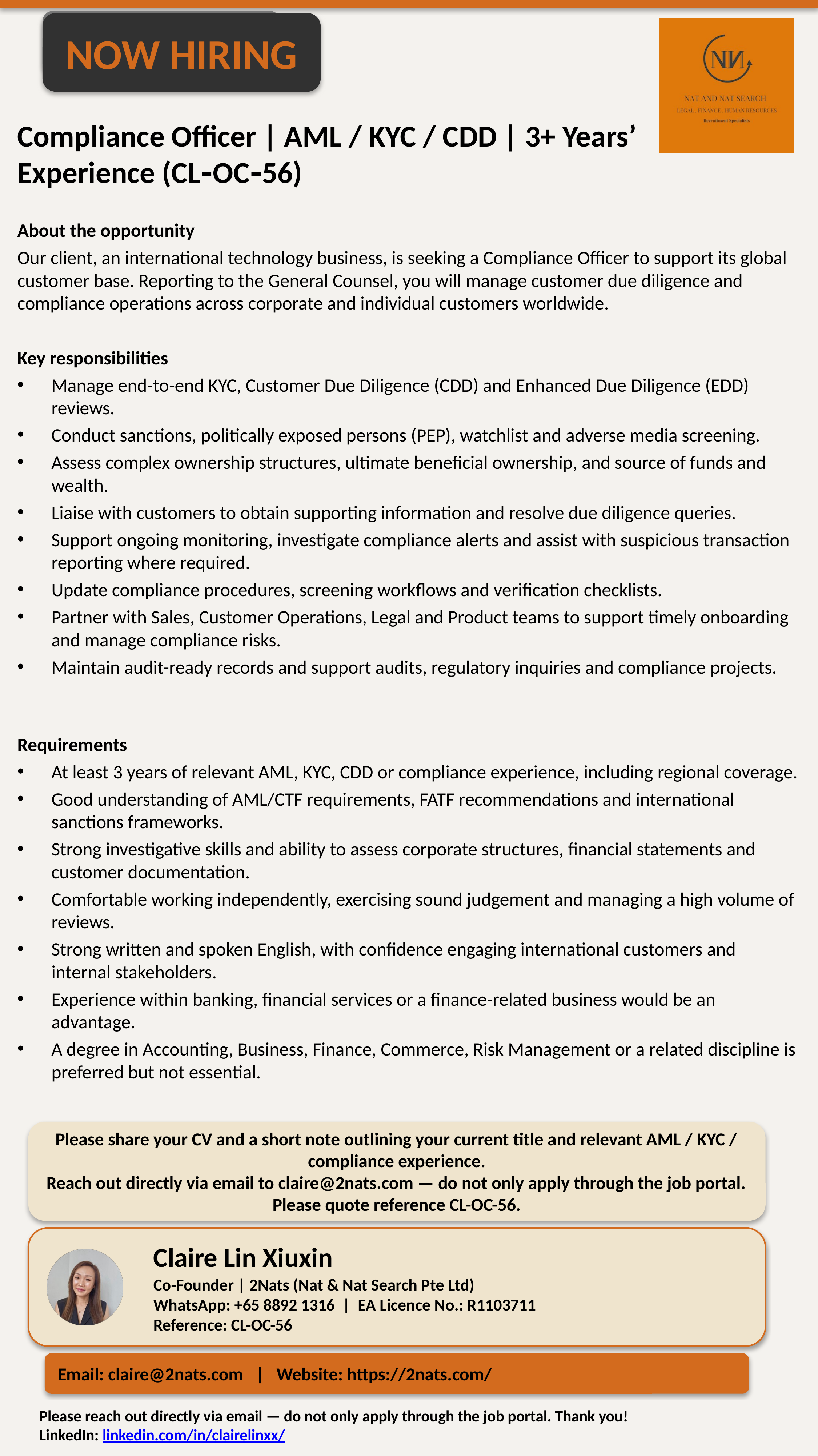Compliance Officer | AML / KYC / CDD | 3+ Years' Experience (CL-OC-56)