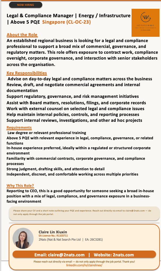 Legal & Compliance Manager | Energy / Infrastructure | Above 5 PQE