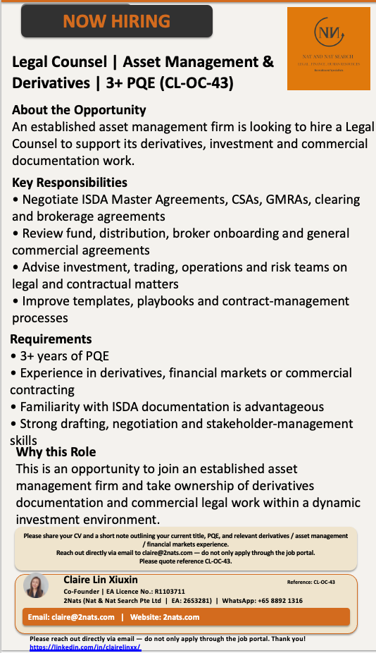 Legal Counsel | Asset Management & Derivatives | 3+ PQE (CL-OC-43)