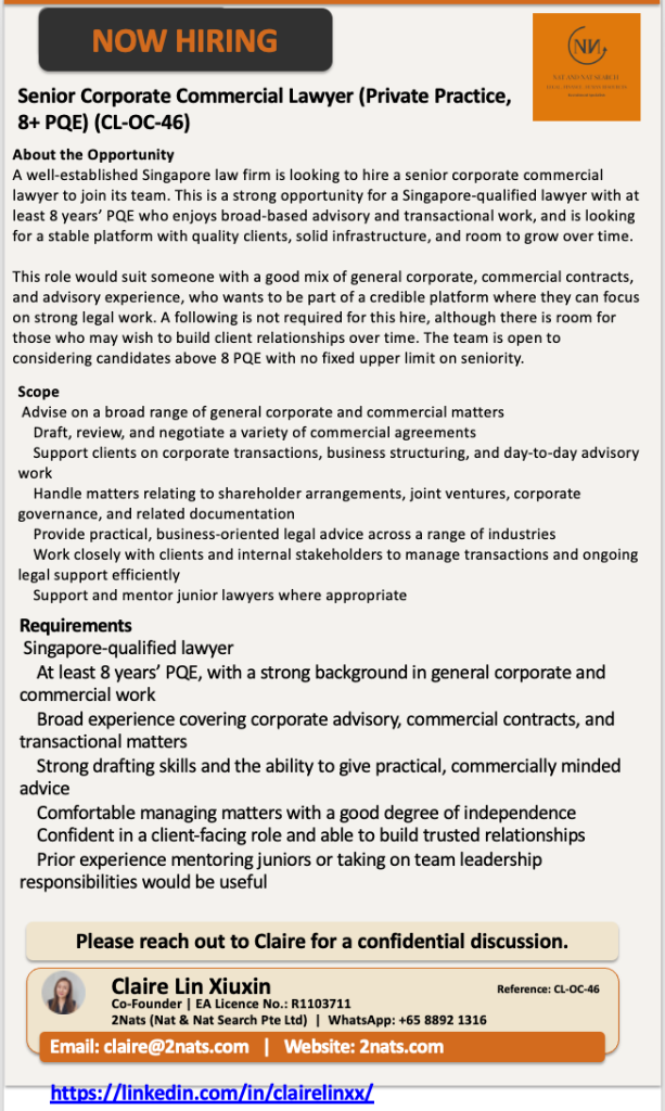 Senior Corporate Commercial Lawyer (Private Practice, 8+ PQE) (CL-OC-46)