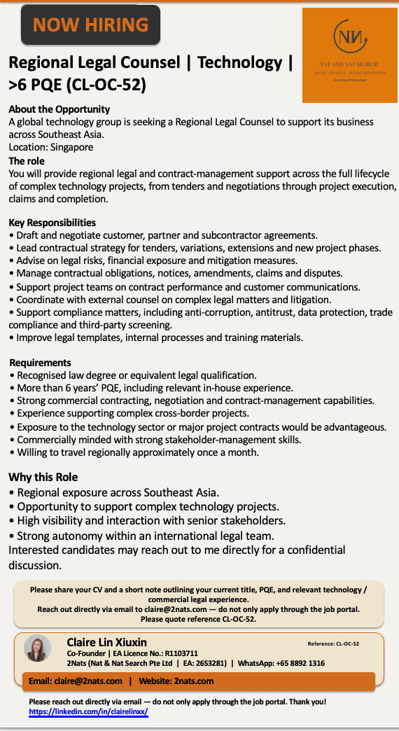 Regional Legal Counsel | Technology | >6 PQE (CL-OC-52)