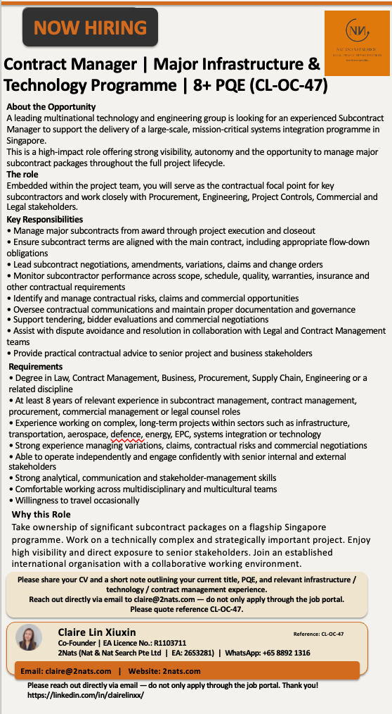 Contract Manager | Major Infrastructure & Technology Programme | 8+ Years' Experience (CL-OC-47)